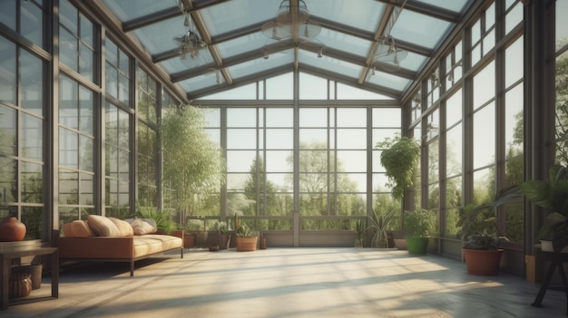 Sunroom Una stanza con grandi finestre o pareti di vetro generate dall'intelligenza artificiale