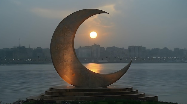 Sunset Behind Crescent Moon Sculpture in Cityscape Ramadan Serenità urbana