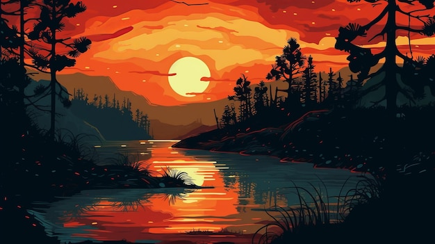 Sunset Lake Forest Pixel Artwork di Becky Cloonan in risoluzione 8k