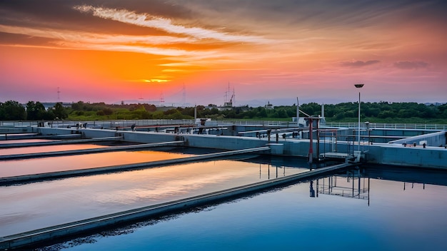 Sunset Over Sewage Treatment Aeration Tanks Concept Sunset Sewage Treatement Aeration Tancs (Tank di aerazione per il trattamento delle acque reflue al tramonto)