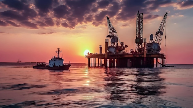 Sunset Reflections piattaforma petrolifera nelle acque calme dell'oceano IA generativa