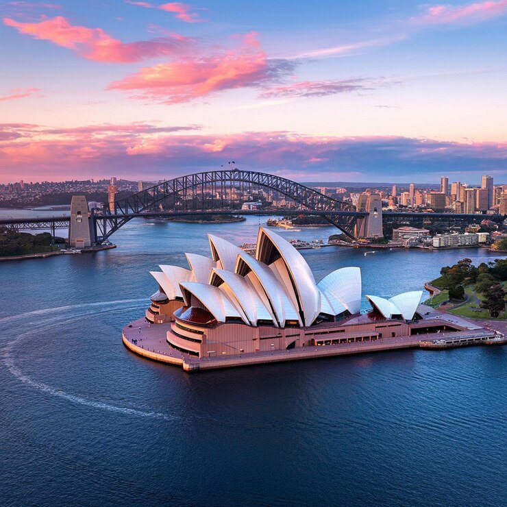 Sunset Serenity Over Sydney Aerial View of Iconic Landmarks