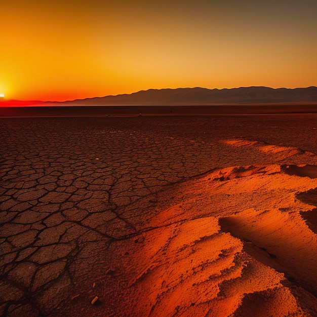 Suolo argilloso arido deserto solare concetto di vermificazione globale rotto terra bruciata suolo siccità paesaggio desertico tramonto drammatico