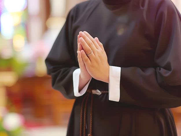 Suora caucasica in abito nero che prega in chiesa