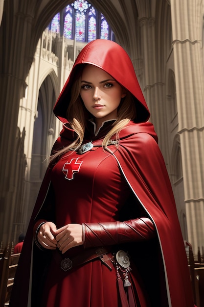 Suora religione cristiana fede missionaria in mantello rosso cartone animato stile anime donna occidentale