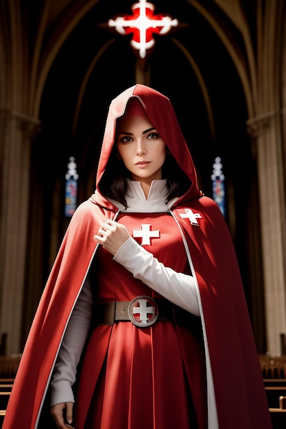 Suora religione cristiana fede missionaria in mantello rosso cartone animato stile anime donna occidentale