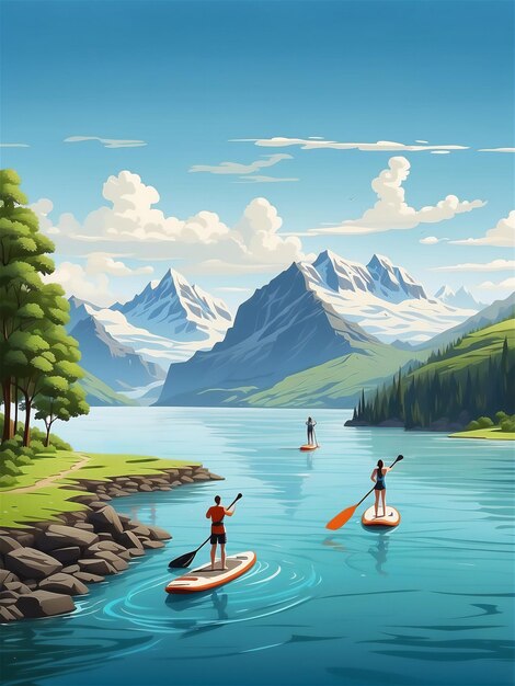 Supboarding su un fiume blu con un paesaggio di montagna illustrazione piatta sullo sfondo verticale