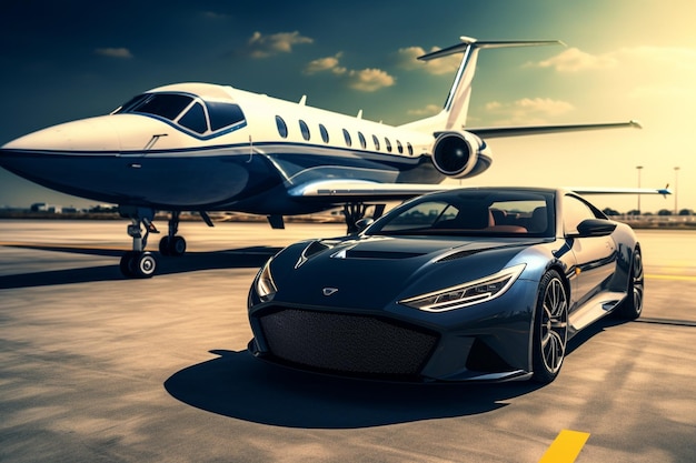 super car e jet privato sulla pista di atterraggio, servizio di classe business all'aeroporto