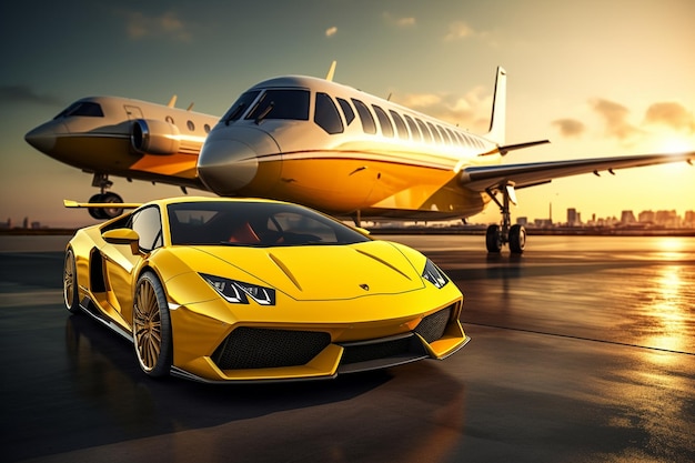 super car e jet privato sulla pista di atterraggio, servizio di classe business all'aeroporto