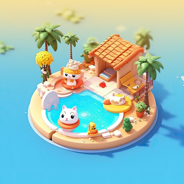 Super carino mondo di argilla in miniatura piscina di villa estiva vista isometrica carina argilla freeze frame AI generato