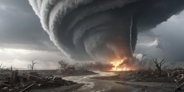 Super ciclone che forma distruzione su un paesaggio popolato colpisce colorato ai generativo