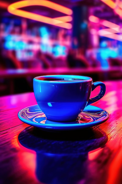 Super Cool Coffee Time Blue Cup Tavolo in legno e Magical Cafe Lights Xmas