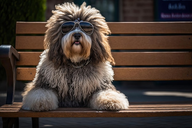 Super Cool Shaggy Dog su una panchina che indossa occhiali da sole da aviatore nell'intelligenza artificiale generativa dei grandi spazi aperti