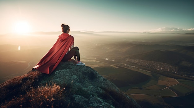 Super eroe donna in cima a una montagna Ai generativa