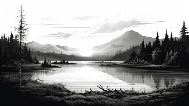 Super High Detail Lake Scene Illustrazione artistica vettoriale in bianco e nero