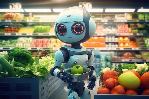 Super robot carino nel supermercato che compra verdure concetto di consegna generato da Ai