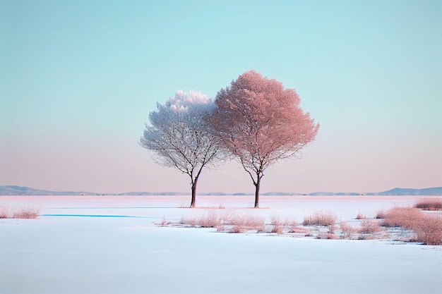 Superbo albero minimalista sul paesaggio invernale in colori pastello Creato con la tecnologia generativa AI