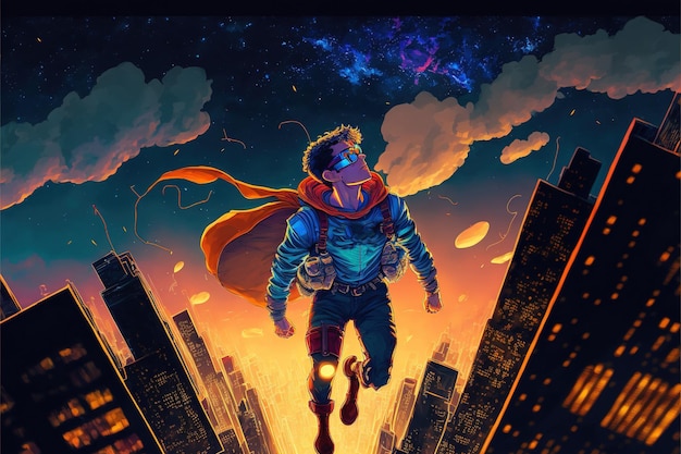 Superboy che vola nel cielo sopra la grande città di notte in stile arte digitale illustrazione pittura concetto di fantasia di un ragazzo supereroe