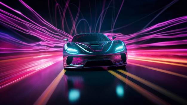 Supercar che accelera su un'autostrada al neon di notte illustrazione 3d con luci e sentieri