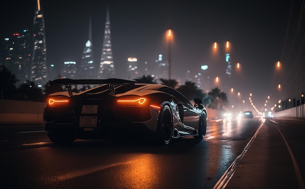 supercar con luce della città di notte