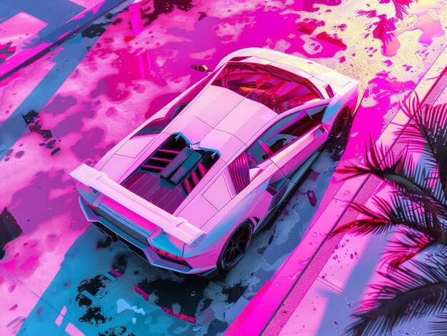 Supercar futuristica retro in stile vaporwave degli anni '80 in un neon rosa