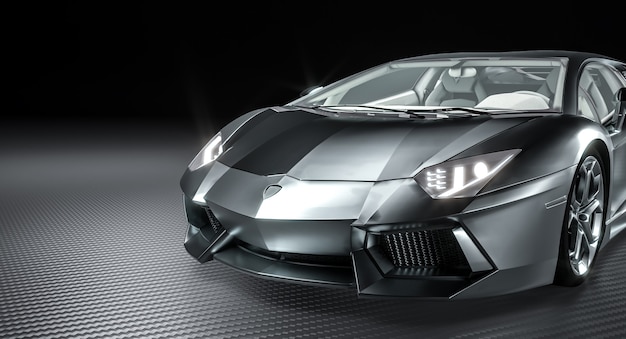 Supercar in alluminio su sfondo in fibra di carbonio. Rendering 3D