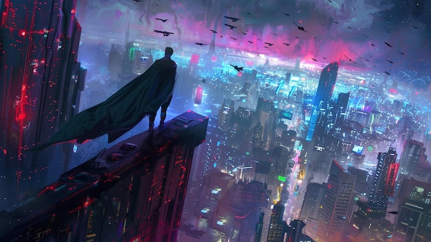 Supereroe futuristico con vista su NeonLit Cyberpunk Cityscape