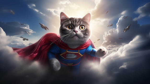 Supereroe gatto con poteri AI in un regno futuristico