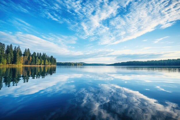 Superficie calma del lago che riflette il cielo