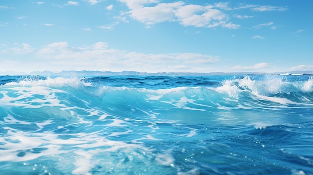 Superficie d'acqua blu del mare con onde e cielo blu Sfondio naturale Generare AI