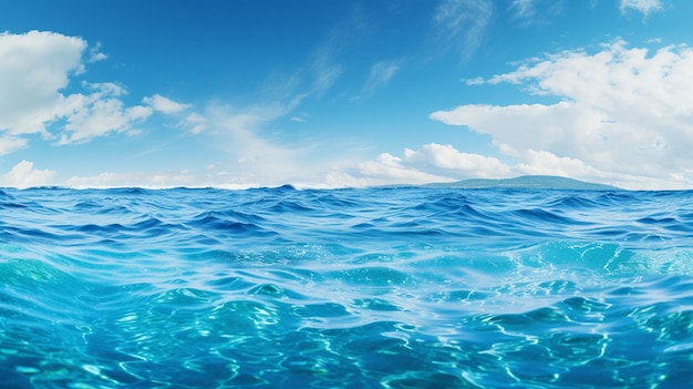 Superficie d'acqua blu del mare con onde e cielo blu Sfondio naturale Generare AI