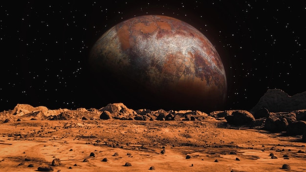 Superficie del pianeta Marte e sfondo di un grande pianeta