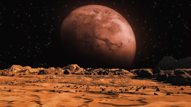 Superficie del pianeta Marte e sfondo di un grande pianeta