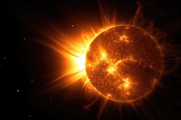 Superficie del sole con protuberanze radiazione solare IA generativa