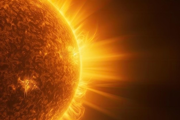 Superficie del sole con protuberanze radiazione solare IA generativa