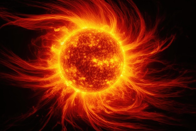 Superficie del sole con protuberanze radiazione solare IA generativa