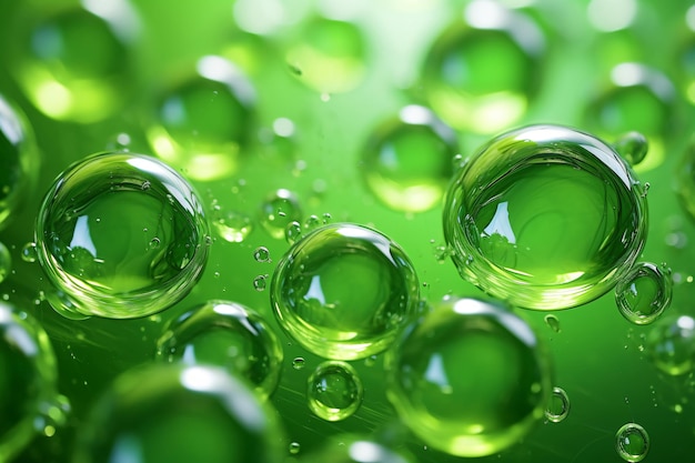 Superficie dell'acqua liscia e bolle su sfondo verde concetto di molecole di ingredienti cosmetici illustra