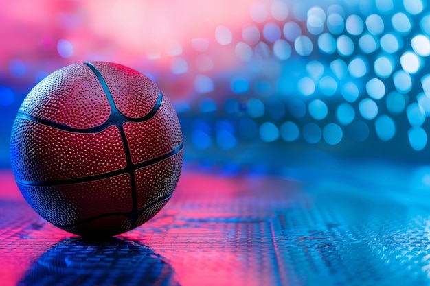 Superficie di gomma lucida di pallacanestro posta su uno sfondo vibrante in studio in luce blu