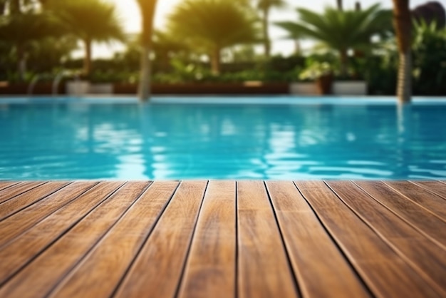 Superficie di legno vuota vicino alla piscina AI generativa