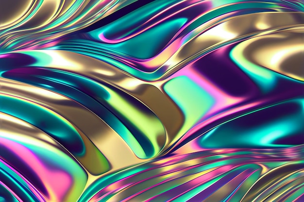 Superficie di metallo liquido iridescente con increspature 3d illustrazione Astratto sfondo fluido fluorescente