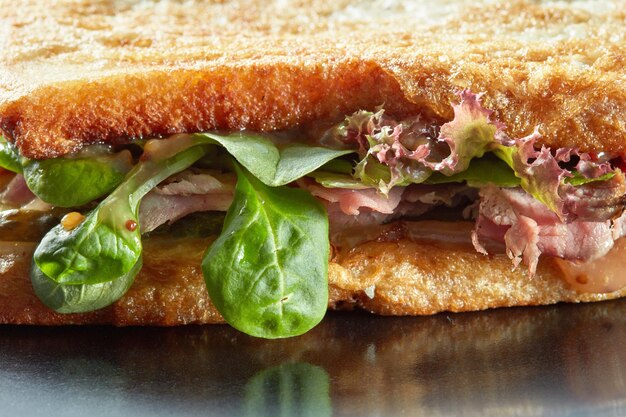 superficie di panini con prosciutto, insalata, cetriolo e toast alla griglia