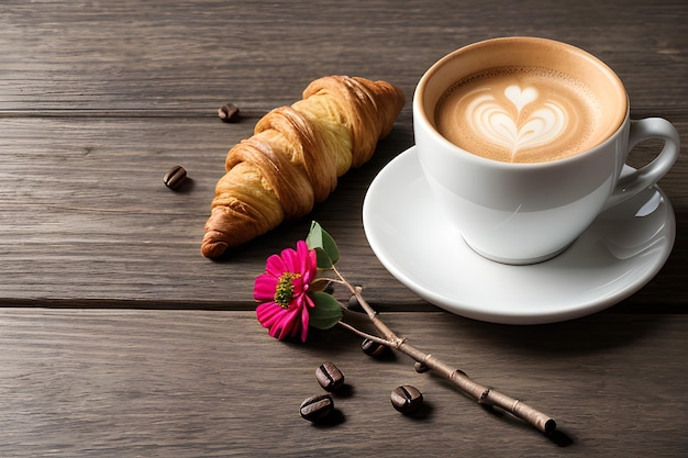 superficie in legno con ramoscelli decorativi Caffè con croissant e fiori