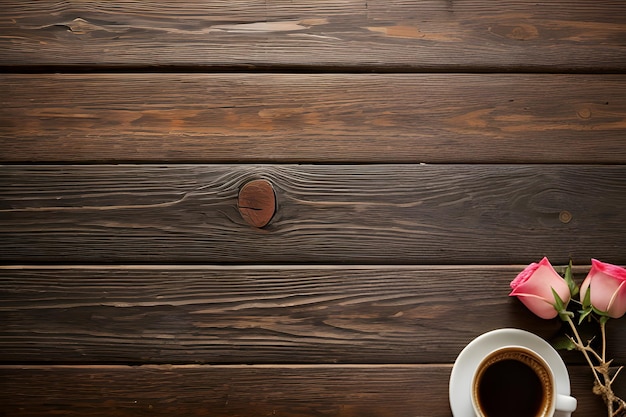 superficie in legno con ramoscelli decorativi computer con caffè e fiori