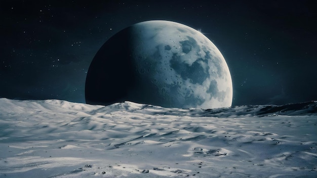 Superficie lunare e sfondo di un grande pianeta