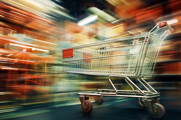 Supermercato con scaffali di prodotti sfocato sullo sfondo con carrello vuoto sul tavolo di legno