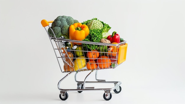 supermercato concetto di shopping carrello della spesa con verdure su un tavolo di legno bianco