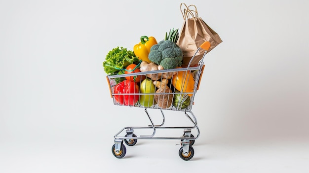 supermercato concetto di shopping carrello della spesa con verdure su un tavolo di legno bianco