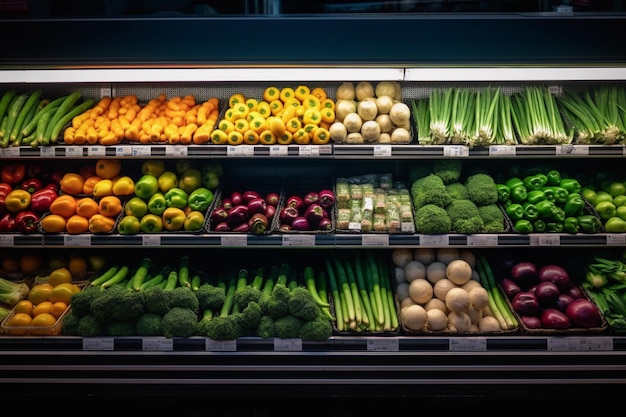 Supermercato moderno con un sacco di frutta e verdura in esposizione