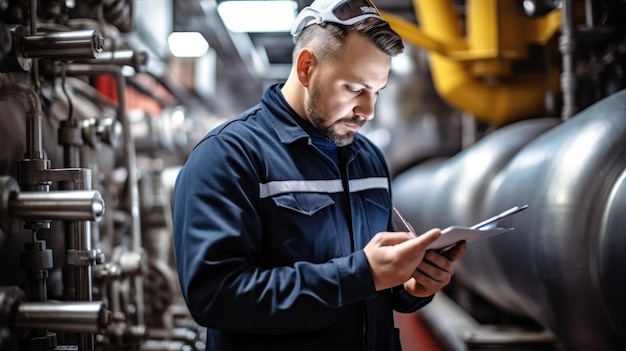 Supervisore dei lavoratori nell'impianto di teleriscaldamento che esegue il controllo di qualità e l'ispezione di tubi e valvole