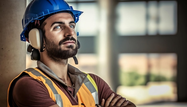 Supervisore della costruzione che indossa giubbotto di sicurezza e casco